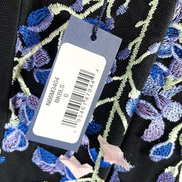 Marchesa Embroidered Tulle Midi Dress Black Blue 3D Floral Off Shoulder Sz 0 - Picture 11 of 12